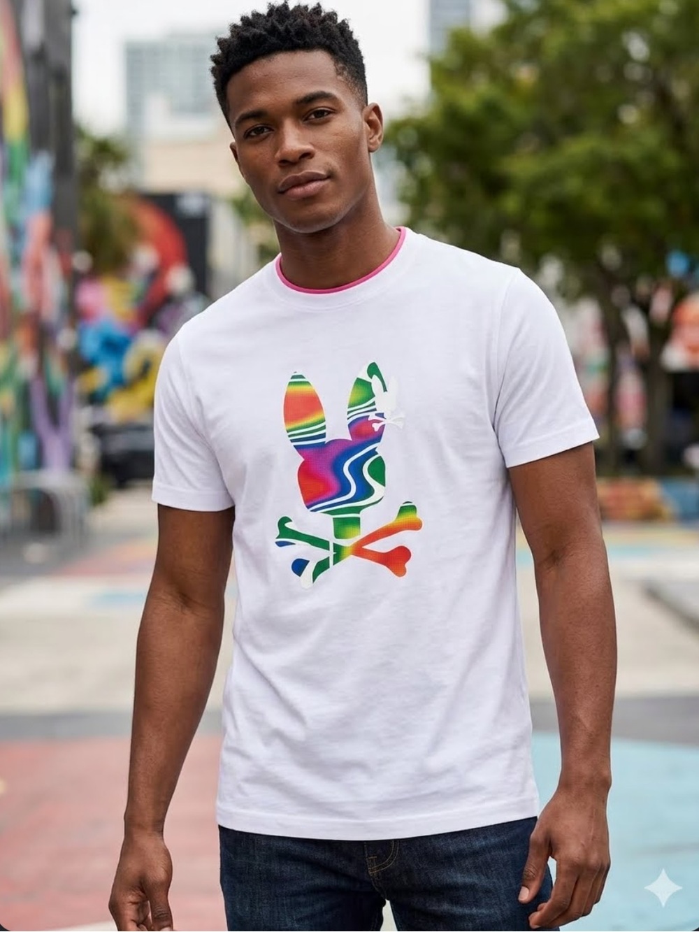 Psycho Bunny White Short Sleeve Tee with Rainbow Bunny Skull